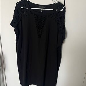 Love & Legend Black Lace-Up Cutout Shoulder Tunic